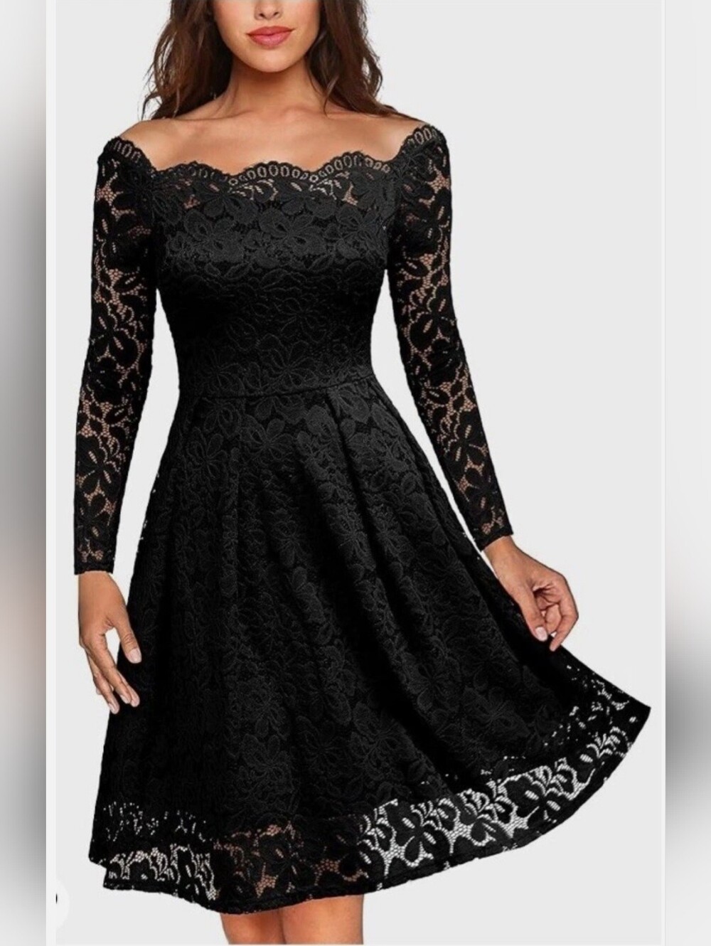 MISSMAY Women's Retro Floral Lace Long Sleeve Boat Neck Swing Dress